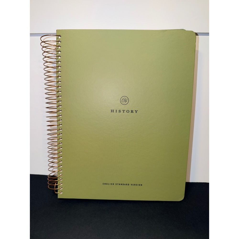Crossway ESV Spiral-Bound Journaling Bible History Green Copper Wire-O Flat Lay
